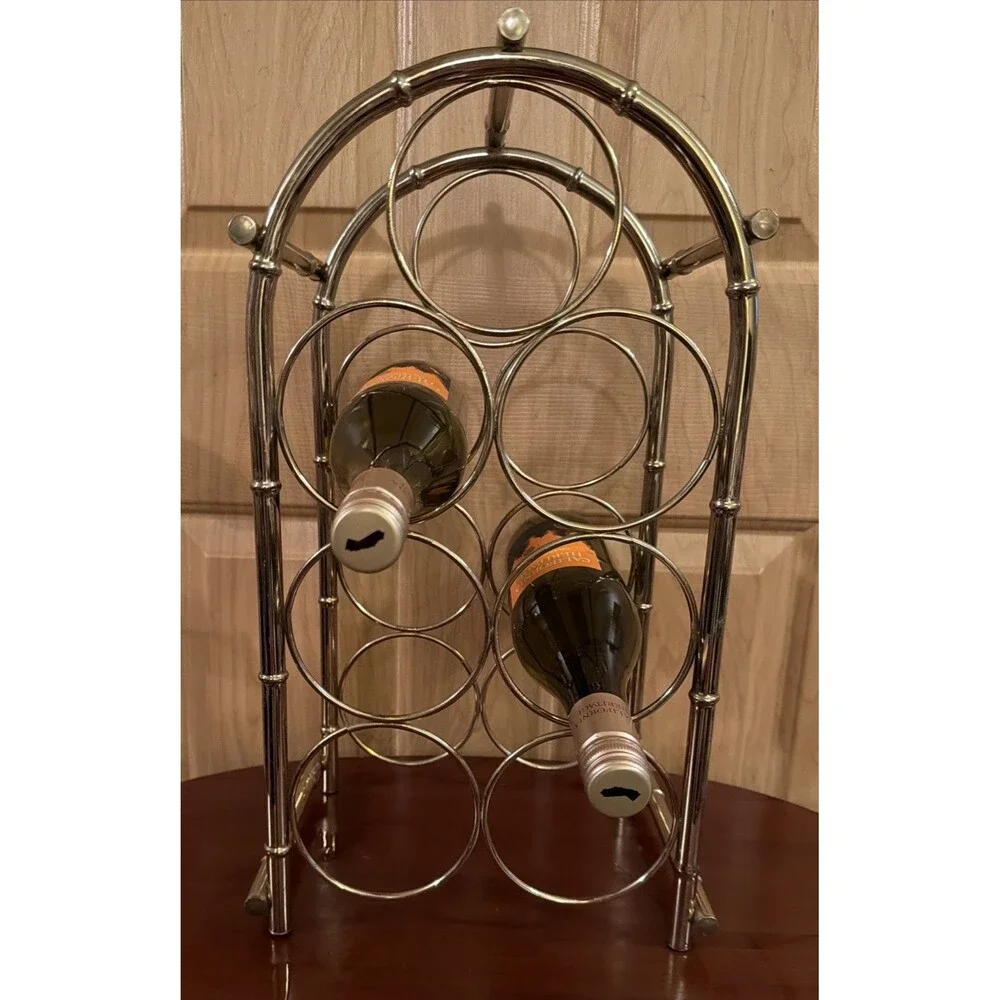 Vintage Hollywood Regency Brass Faux Bamboo 7-Bottle Tabletop Wine Rack MCM EUC!
